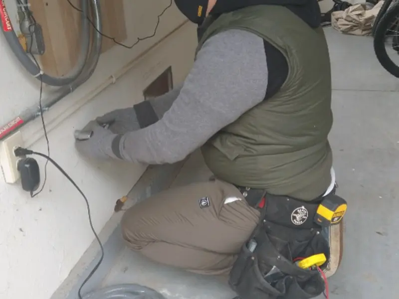 Electrician performing outlet wiring in a West Bend garage